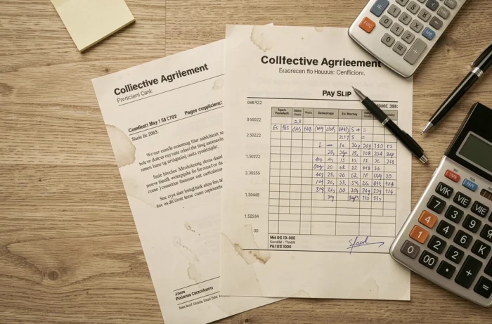 Vue aérienne d'un bureau avec fiche de paie, grille de coefficients de la convention collective 66, calculatrice et annotations manuscrites