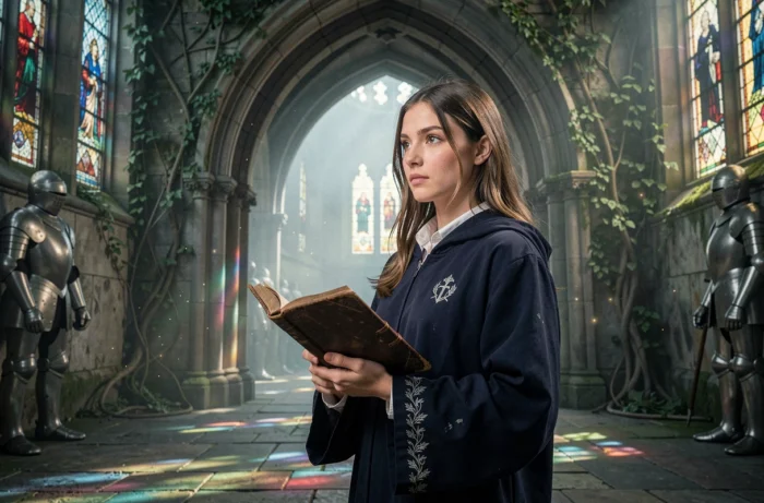 Étudiante en robe de Poudlard tenant un grimoire devant une arche gothique dans un château magique, illustrant les fins de Hogwarts Legacy