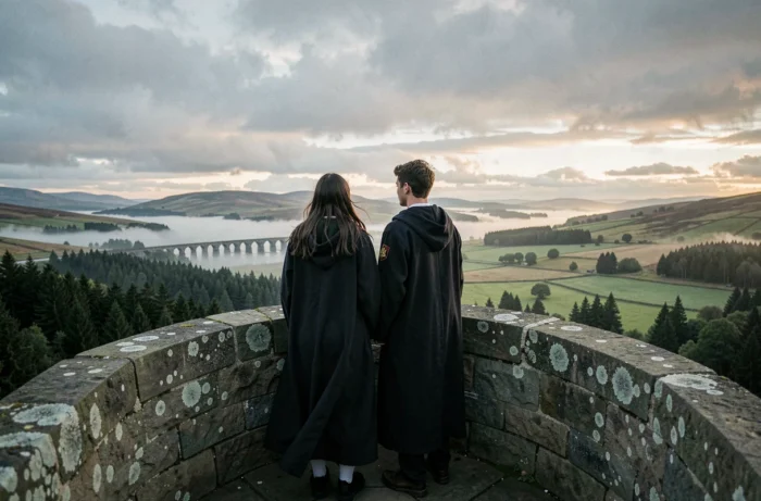 Deux étudiants en robes de Poudlard contemplant le paysage depuis un parapet de château, symbolisant la conclusion épique de Hogwarts Legacy