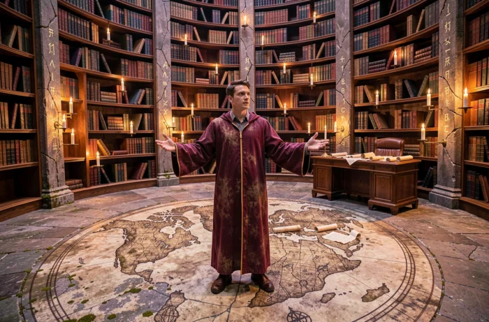 Étudiant en robe de sorcier dans une salle circulaire remplie de runes et de livres, représentant un moment clé de fin dans Hogwarts Legacy