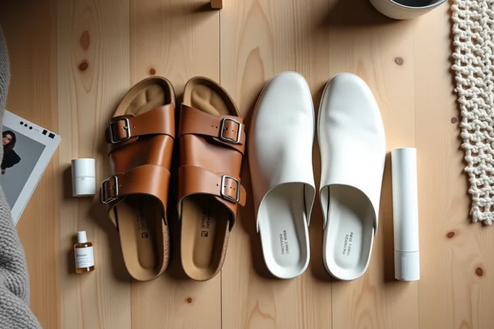 Vue de dessus d'un comparatif flat-lay entre sandales Birkenstock nubuck et mules Scholl en cuir blanc sur parquet en bois clair