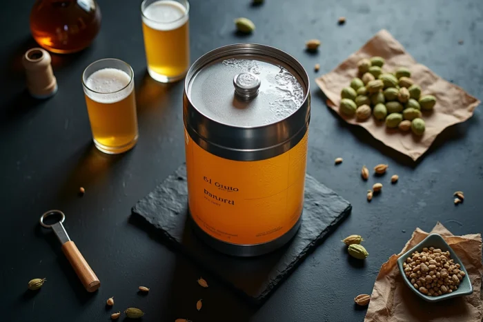 Vue de dessus d'un fût de panaché 5L avec verres et accessoires de bière sur une surface en ardoise