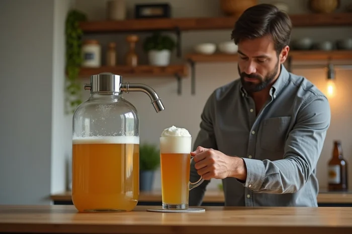 Homme connectant un fût de panaché 5L à une machine à bière domestique sur un comptoir en bois