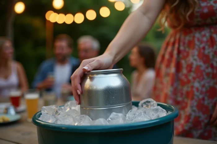 Fût de panaché 5L dans un seau à glace lors d'une soirée en plein air dans un jardin