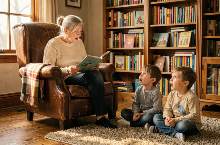Grand-mère lisant une histoire à deux enfants assis sur un tapis dans un salon chaleureux entouré de livres illustrés