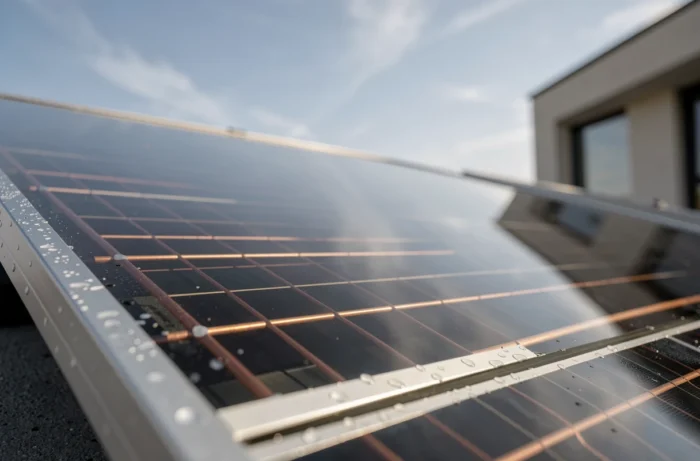 Gros plan sur la surface d'un capteur solaire thermique à plaque plate montrant l'absorbeur en cuivre et la vitre trempée
