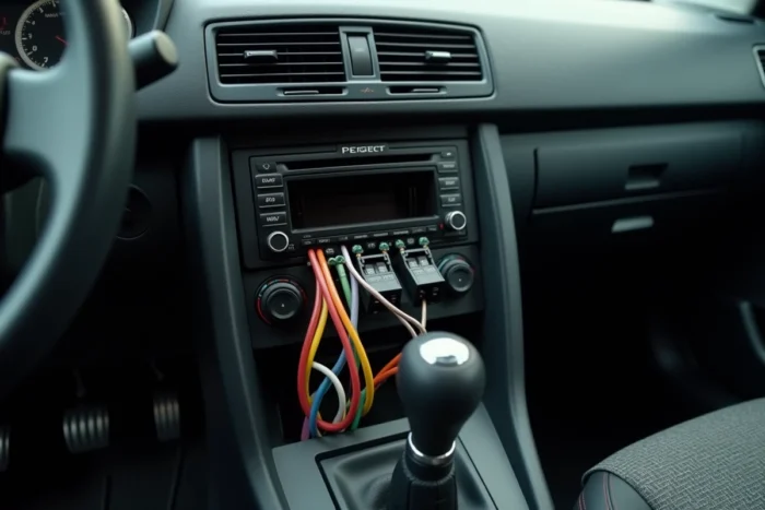 Gros plan du faisceau de câbles couleur ISO derrière l'autoradio d'une Peugeot pour connexion Android Auto