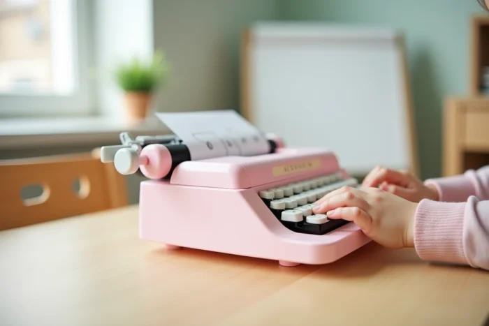 Gros plan d'une machine à écrire jouet pastel avec les mains d'un enfant sur le clavier et une feuille de papier imprimée