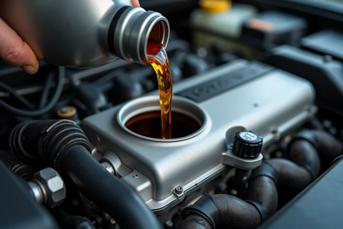Gros plan sur le remplissage d'huile moteur 5W50 dans le compartiment moteur d'une voiture moderne