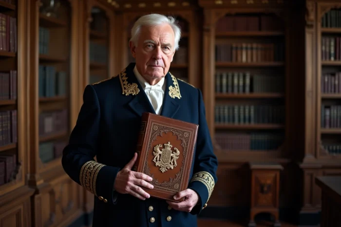 Homme noble en costume cérémoniel tenant un registre héraldique dans une bibliothèque de château européen
