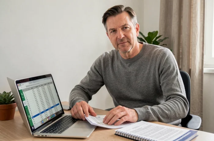 Homme calculant son salaire selon la convention collective 66 sur un ordinateur portable avec des documents de référence