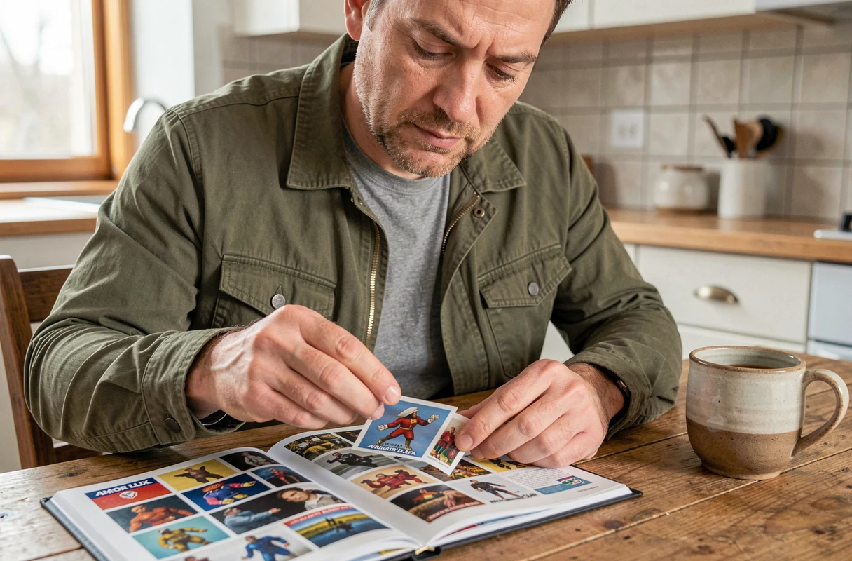 Homme collant des vignettes Armor Lux dans un carnet de collection Intermarché à la maison