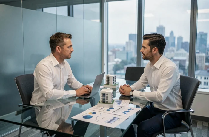 Homme consultant un conseiller financier pour planifier un premier investissement immobilier