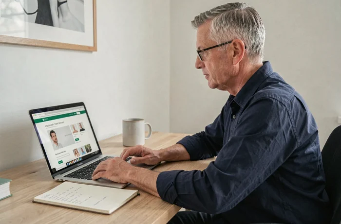 Homme d'âge mûr prenant des notes en consultant un site de santé fiable sur son ordinateur portable