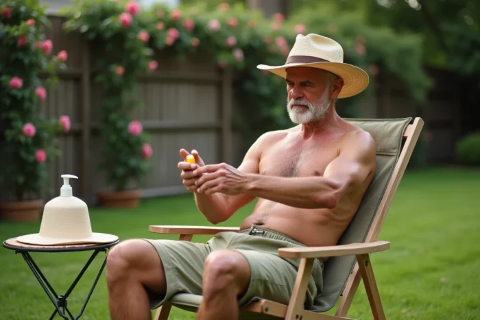 Homme appliquant de la crème solaire dans son jardin, assis sur une chaise de jardin entouré de végétation