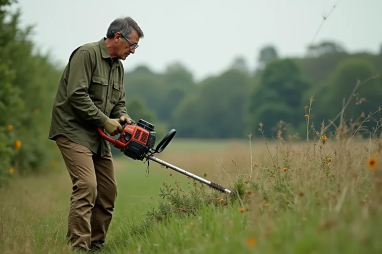 Homme utilisant une débroussailleuse thermique pour couper de la végétation dense dans un terrain herbeux