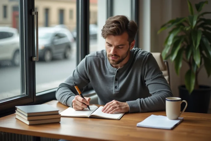 Homme écrivant dans un journal personnel à son bureau en bois, pratique quotidienne pour transformer ses habitudes mentales en 21 jours