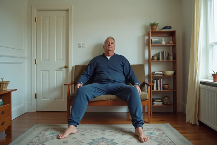 Homme d'une taille exceptionnelle assis dans un salon, son imposante stature mise en valeur par les objets du quotidien autour de lui