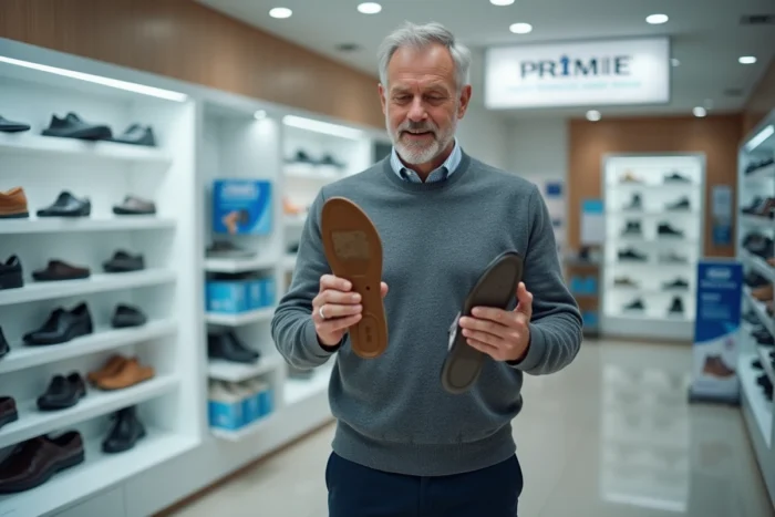 Homme en magasin de chaussures orthopédiques comparant une sandale Birkenstock et une chaussure Scholl pour trouver le meilleur confort