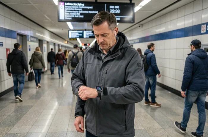 Homme connecté avec montre intelligente et écouteurs sans fil dans une station de métro urbaine, symbolisant la tech du quotidien