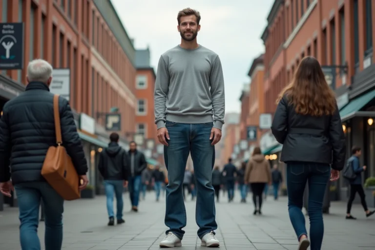 Homme de très grande taille se démarquant nettement au milieu d'une foule en ville, illustrant le record de l'homme le plus grand du monde