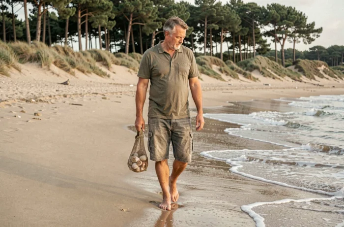 Homme se promenant sur le littoral landais en ramassant des coquillages dans un filet