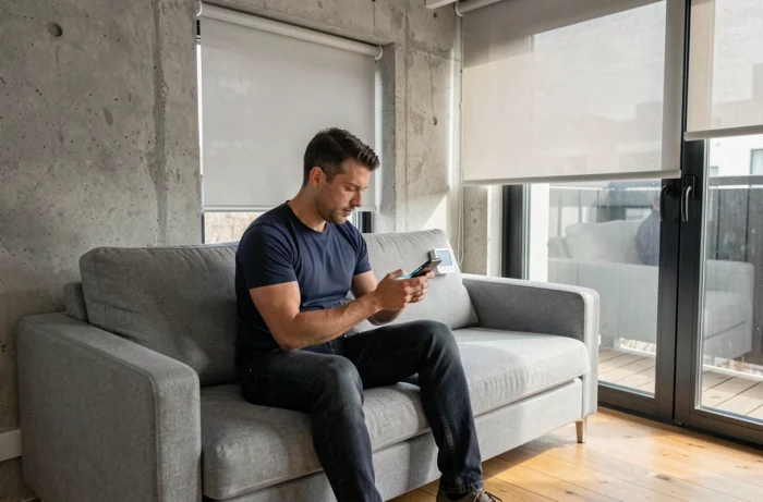Homme assis dans un salon moderne contrôlant le thermostat et les volets via une application domotique sur smartphone