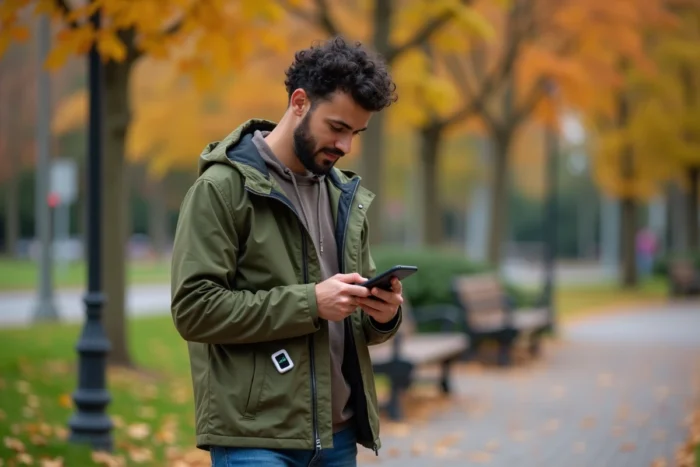 Homme diabétique vérifiant ses données glycémiques sur smartphone avec capteur de glucose en milieu urbain