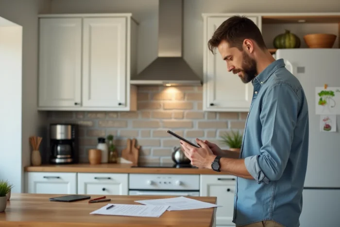 Homme en télétravail consultant une tablette dans sa cuisine, illustrant la frontière entre vie professionnelle et vie personnelle à domicile