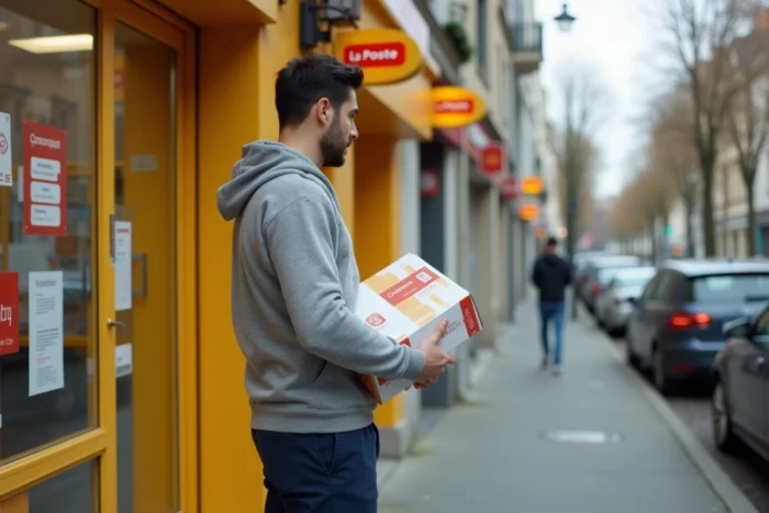 Homme consultant les horaires d'ouverture d'un bureau de poste avant de déposer son colis Chronopost