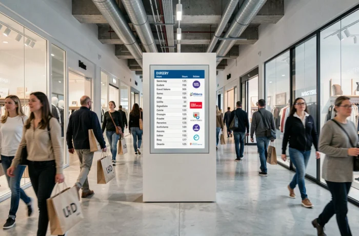Panneau des horaires et magasins du Village des Marques Miramas dans une allée commerçante