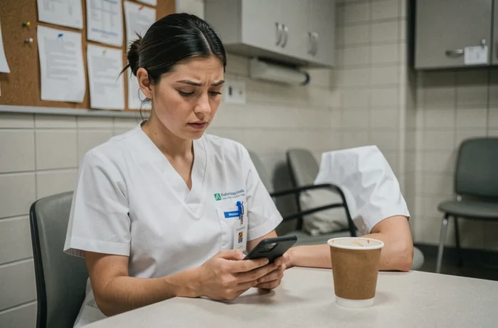 Infirmière consultant la messagerie Zimbra du CHU de Reims sur smartphone dans une salle de pause hospitalière