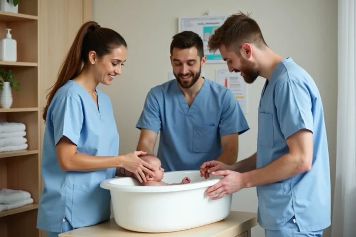 Infirmière pédiatrique expliquant les soins du bébé à un jeune couple lors d'une séance d'accompagnement parental