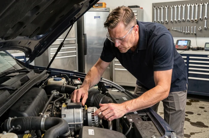 Ingénieur automobile inspectant le moteur hybride d'un SUV dans un atelier professionnel en 2024