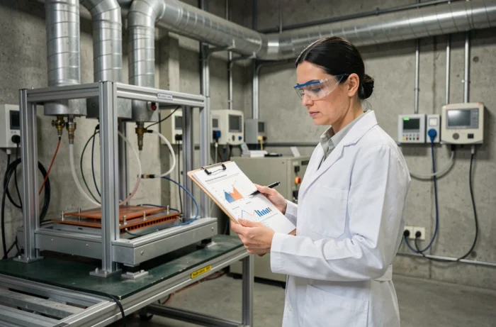 Ingénieure analysant les données de rendement d'un panneau solaire thermique dans un laboratoire de test industriel