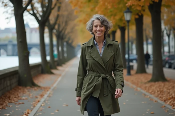 Femme souriante se promenant le long d'une promenade fluviale européenne entourée d'arbres aux couleurs d'automne