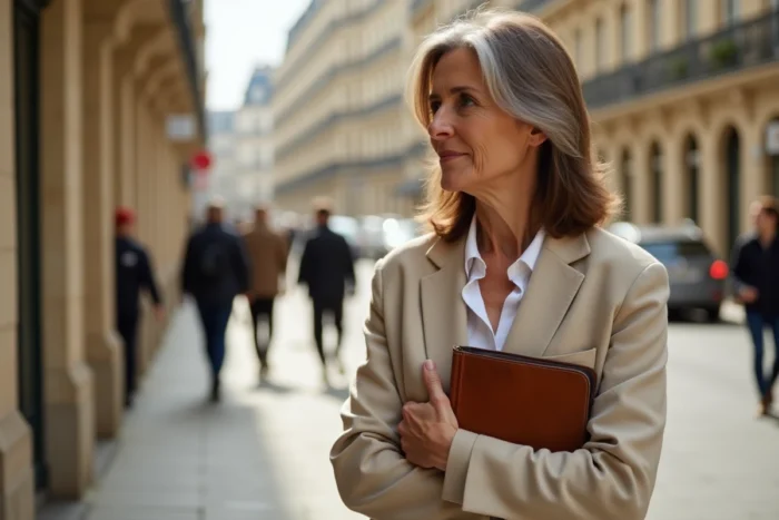 Femme élégante dans la soixantaine regardant pensivement dans une rue parisienne avec immeubles haussmanniens en arrière-plan