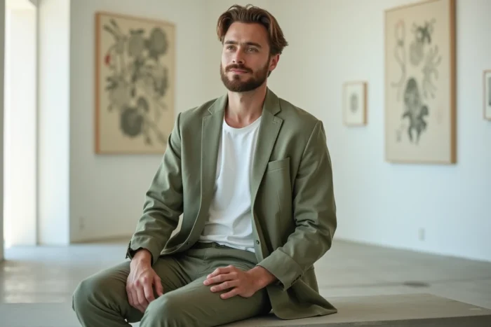 Homme en costume en lin vert sauge assis dans une galerie d'art minimaliste, inspiration mode masculine contemporaine