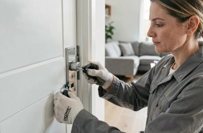 Serrurieure féminine installant une serrure haute sécurité sur une porte intérieure moderne
