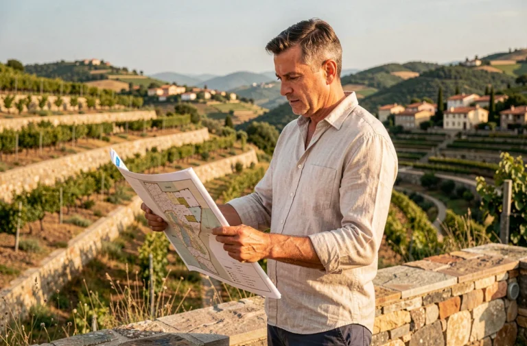 Investisseur immobilier analysant une carte foncière sur les coteaux viticoles avec des terrasses en pierre et des toits de village en arrière-plan