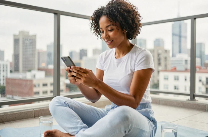 Jeune femme consultant une application de bien-être sur smartphone lors d'une routine matinale sur son balcon