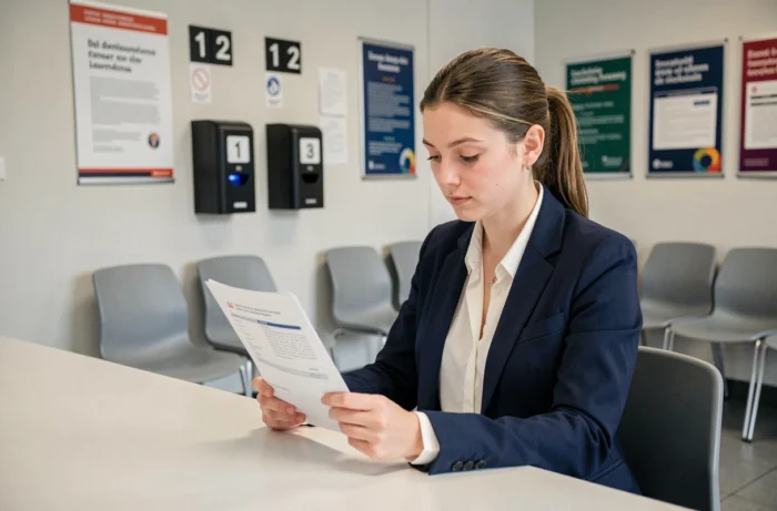 Jeune femme lisant un formulaire officiel dans un bureau administratif belge pour les allocations familiales