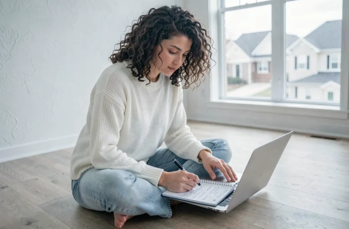 Jeune femme planifiant son budget immobilier sur un ordinateur portable dans un appartement vide et lumineux, représentant les étapes clés de l'achat immobilier