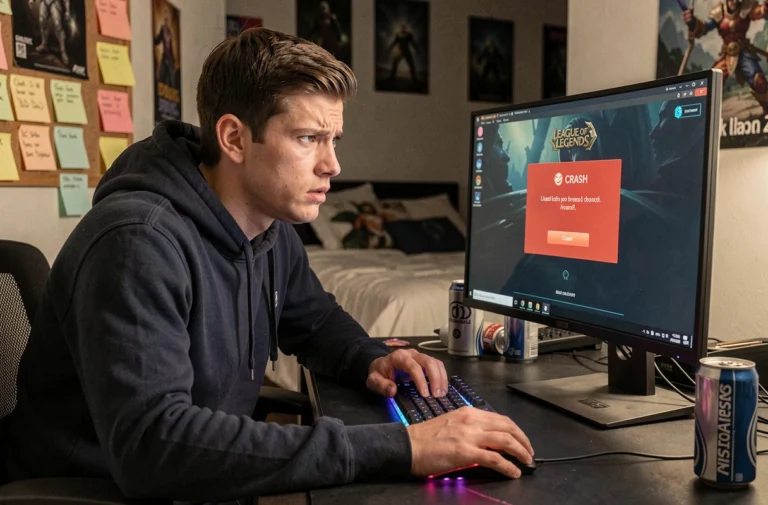 Joueur de League of Legends frustré face à un écran d'erreur lors d'un bug du jeu