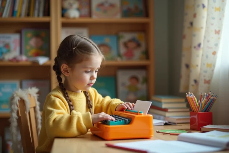 Jeune fille utilisant une machine à écrire pour enfant sur un bureau en bois dans une chambre cosy