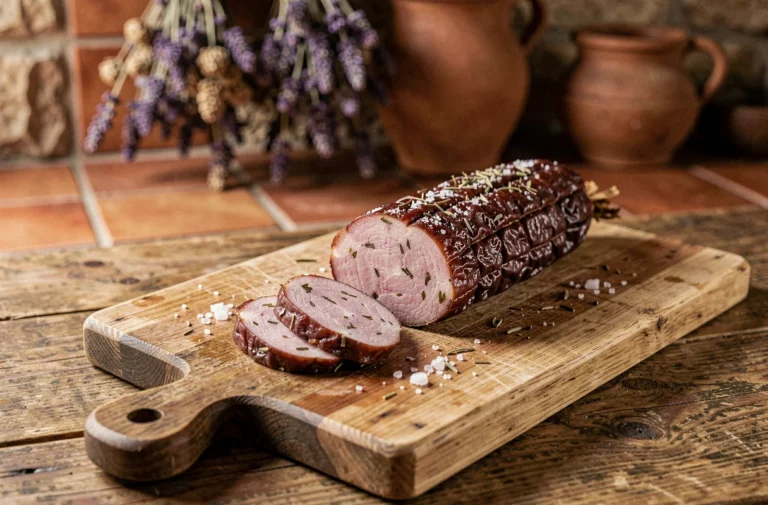 Maoche ardéchoise tranchée sur une planche en bois rustique avec herbes et sel dans une cuisine de ferme traditionnelle
