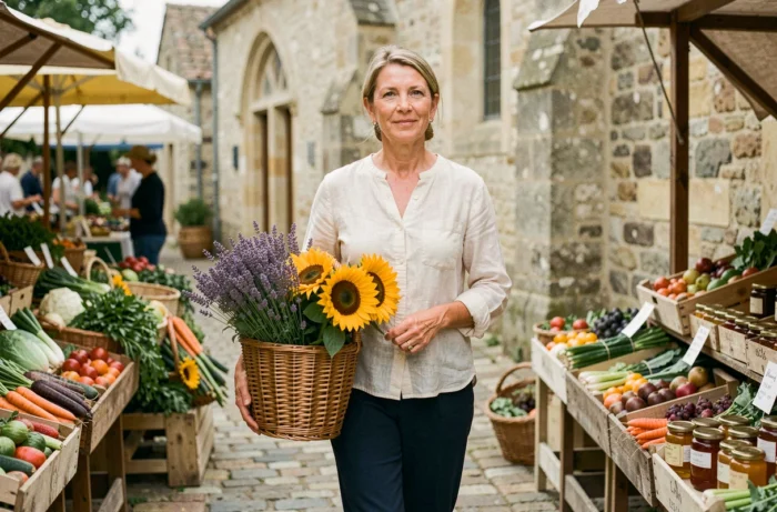 Femme se promenant dans un marché local près de Saignac en Périgord, portant un panier en osier rempli de fleurs et légumes frais