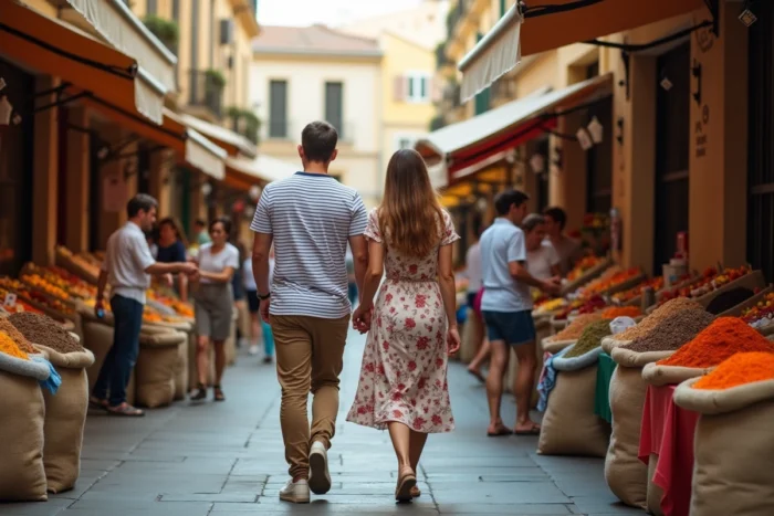 Couple se promenant dans un marché ouvert le dimanche à Noailles, quartier animé du centre de Marseille