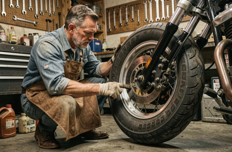 Mécanicien inspectant un pneu arrière large sur une moto custom bobber dans un atelier garage