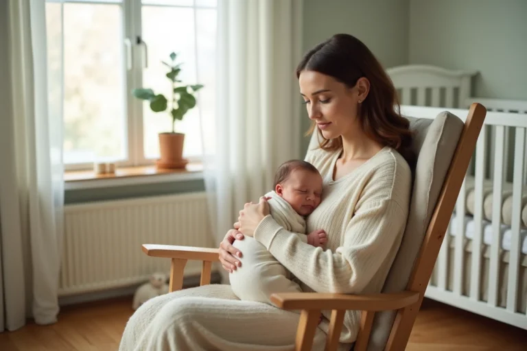 Jeune mère tenant son nouveau-né dans les bras dans une chambre de bébé décorée avec goût, ambiance douce et naturelle